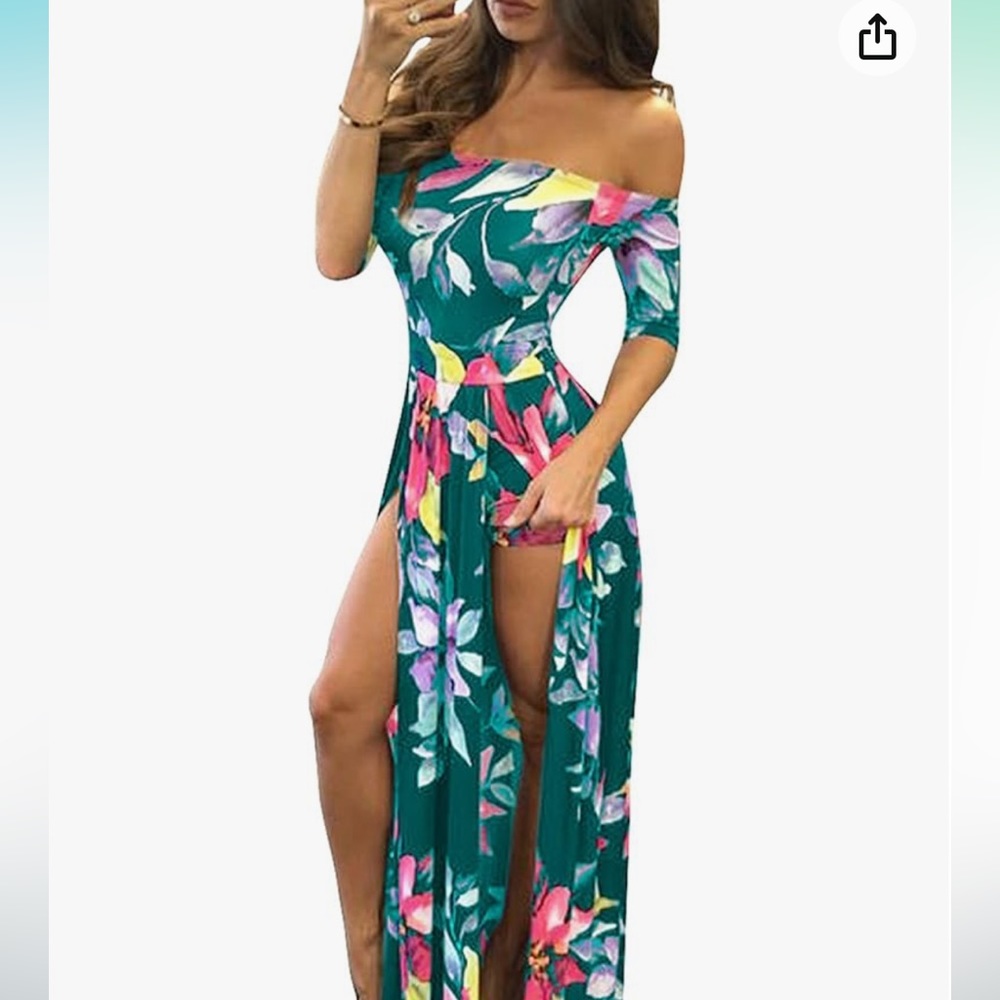 Maxi beach romper dress with off the shoulder sleeves. Size L. Multicolor